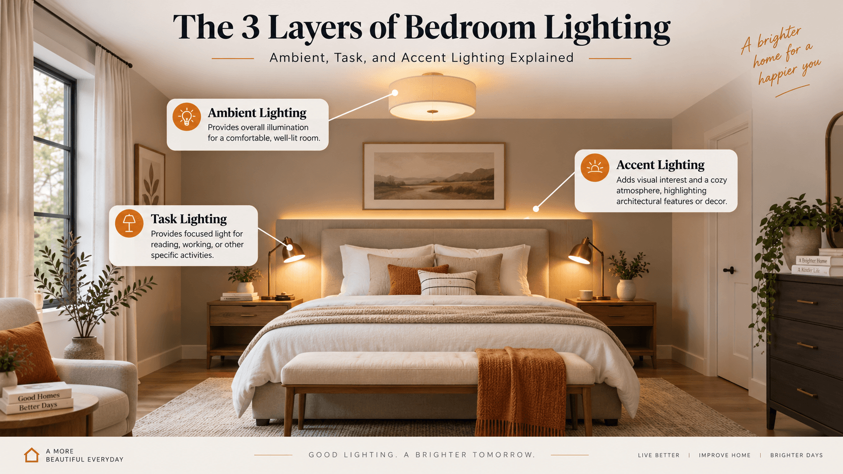 Bedroom lighting layers showing ambient task and accent lighting