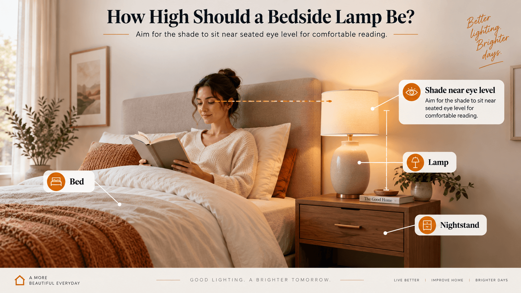 Bedside lamp height guide showing the lamp shade near seated eye level for reading