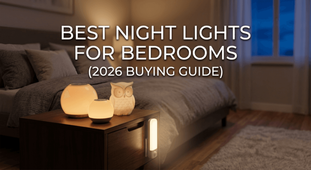 Best night light for bedroom glowing warm amber on nightstand